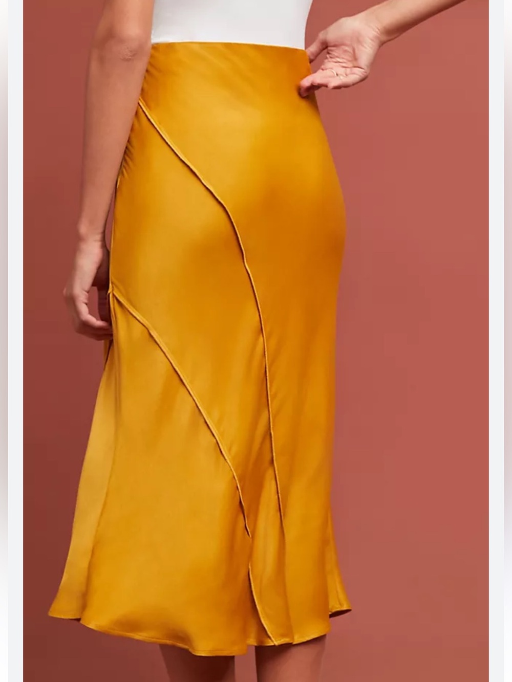 Anthropologie Mustard Yellow Curved-Seam Midi Skirt